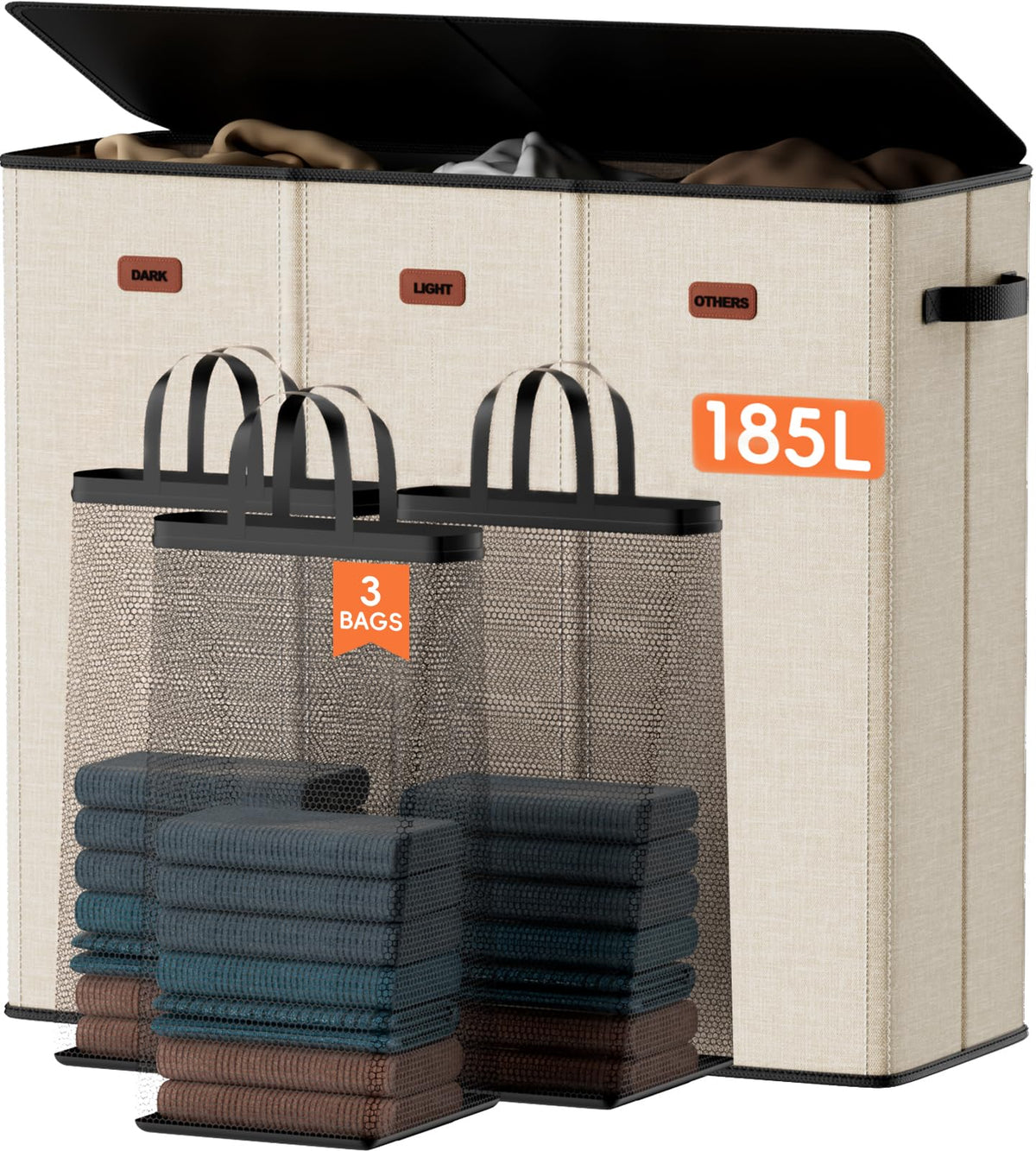 Laundry hamper 3 Section, XL Clothes Hamper with Lid & Inner Bag, Black