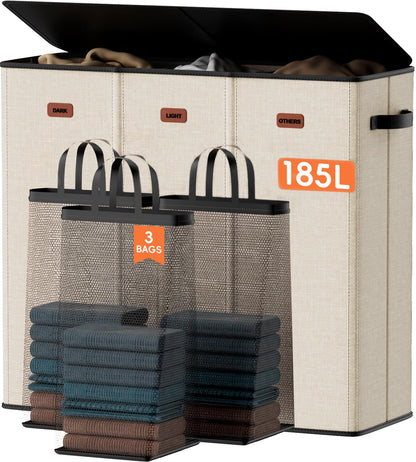 Laundry hamper 3 Section, XL Clothes Hamper with Lid & Inner Bag, Black