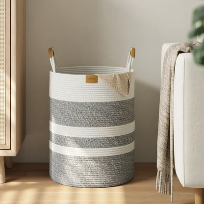 Nunsino 95L Striped Laundry Hamper with Leather Handles,Large Foldable Laundry Basket for Clothes,Cotton Rope Storage Bin for Blankets,Woven Clothes Basket for Bedroom,Dark Brown Stripes