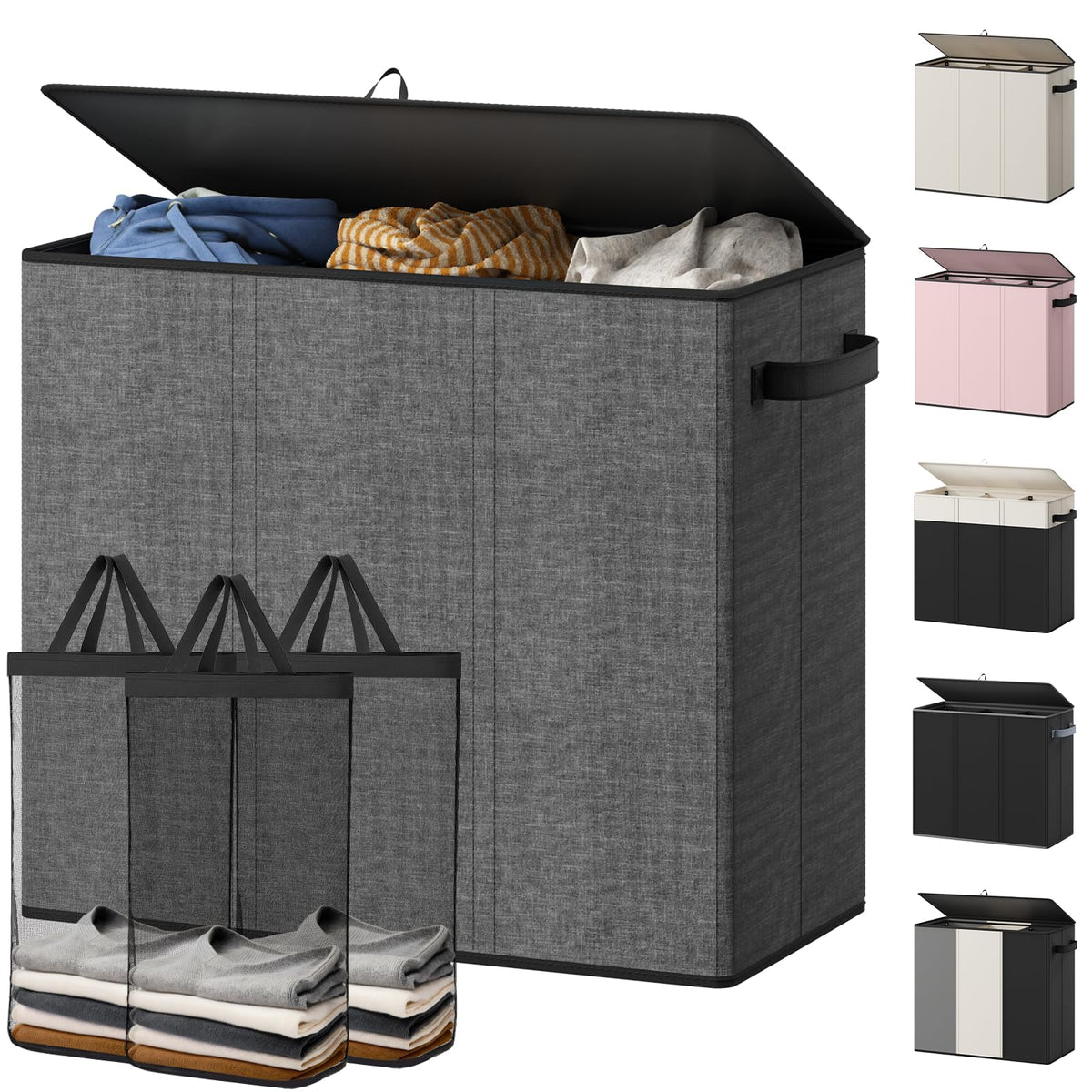 Optish 180L Laundry Hamper 3 Section, Large Hamper with Mesh Bags & Lid