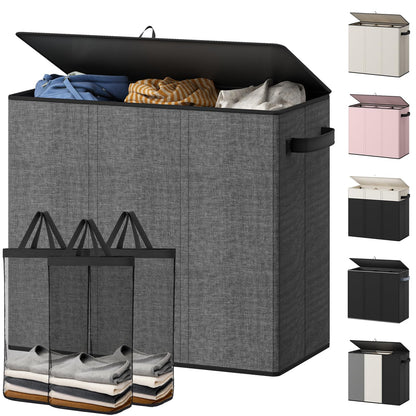 Optish 180L Laundry Hamper 3 Section, Large Hamper with Mesh Bags & Lid