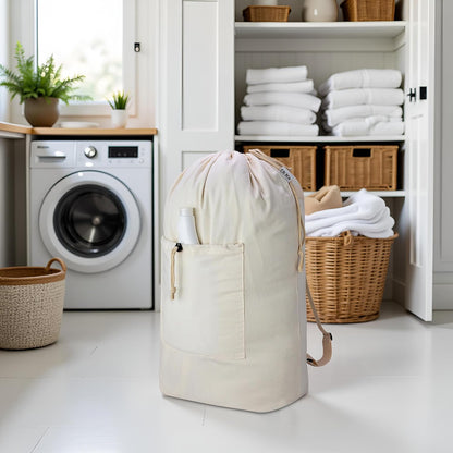 Laundry Bag Backpack, Canvas Laundry Bag with Straps & Drawstring, Beige XL
