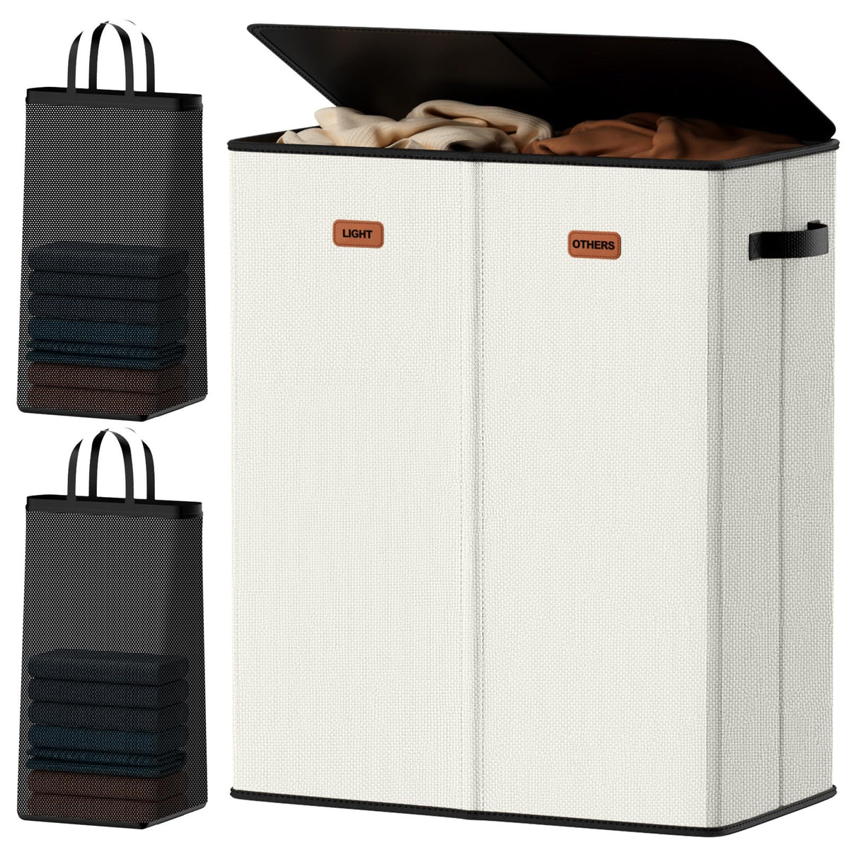 Laundry hamper 3 Section, XL Clothes Hamper with Lid & Inner Bag, Black