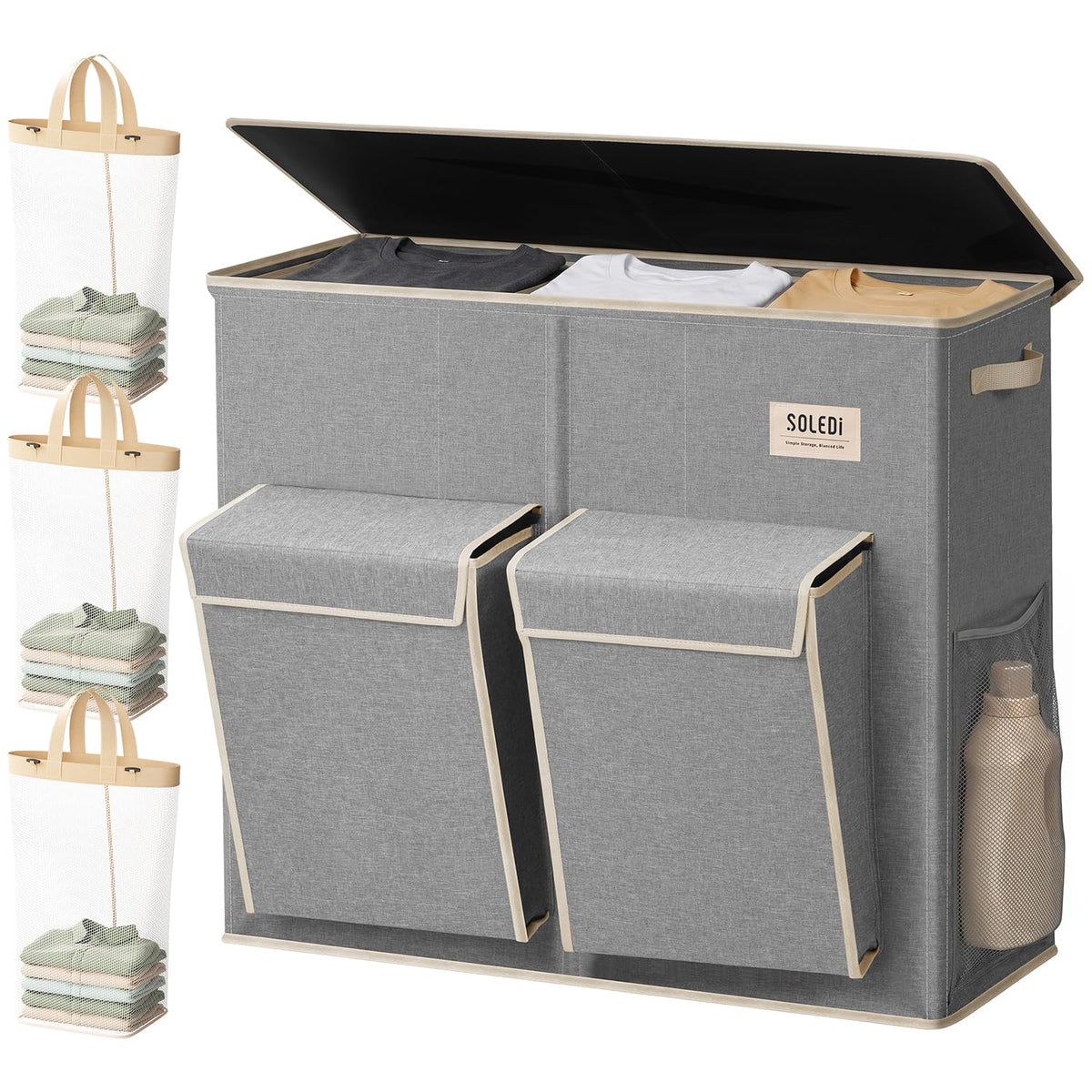 SOLEDI 220L Laundry Hamper 3 Section with Lid and 2 Side Pockets