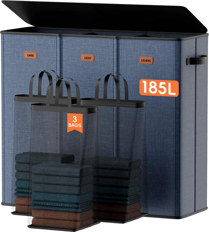 Laundry hamper 3 Section, XL Clothes Hamper with Lid & Inner Bag, Black