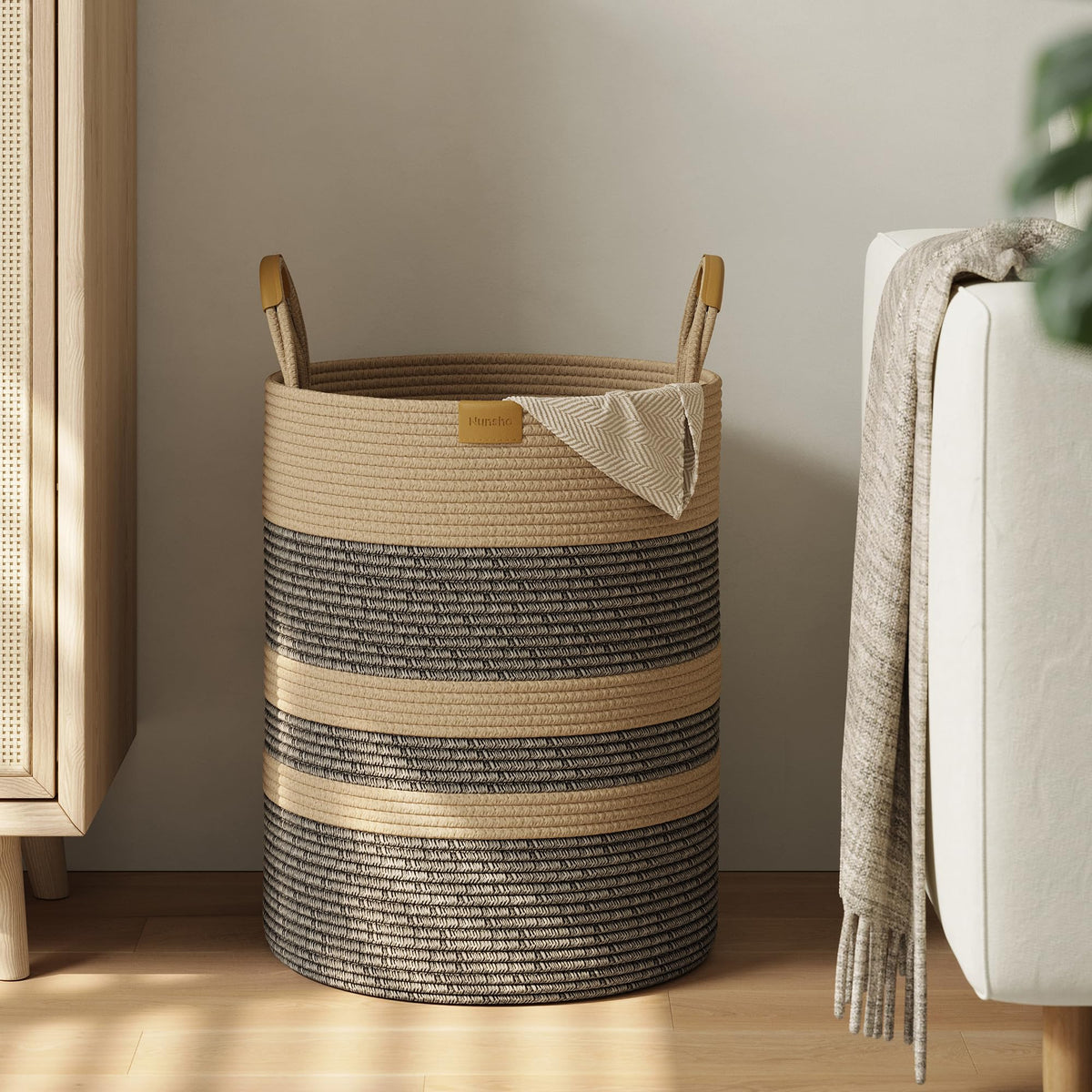 Nunsino 95L Striped Laundry Hamper with Leather Handles,Large Foldable Laundry Basket for Clothes,Cotton Rope Storage Bin for Blankets,Woven Clothes Basket for Bedroom,Dark Brown Stripes
