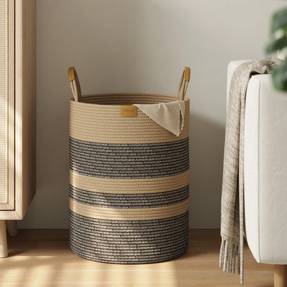 Nunsino 95L Striped Laundry Hamper with Leather Handles,Large Foldable Laundry Basket for Clothes,Cotton Rope Storage Bin for Blankets,Woven Clothes Basket for Bedroom,Dark Brown Stripes