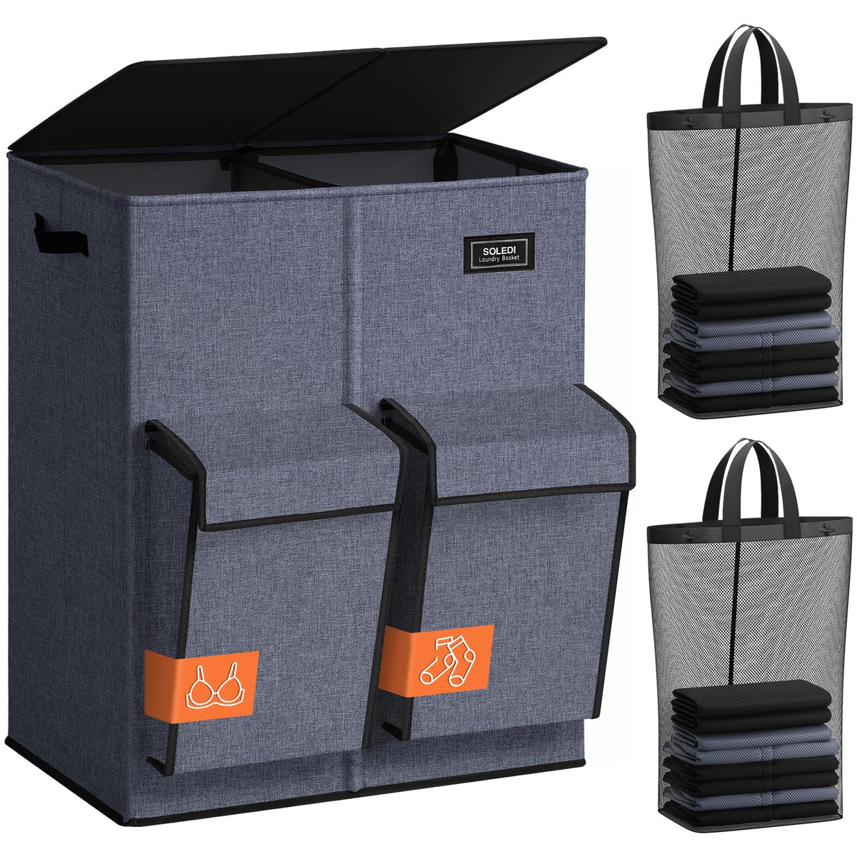SOLEDI 180L Double Laundry Hamper with Lid and 2 Side Pockets, Dual Hamper