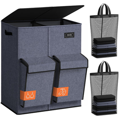 SOLEDI 180L Double Laundry Hamper with Lid and 2 Side Pockets, Dual Hamper