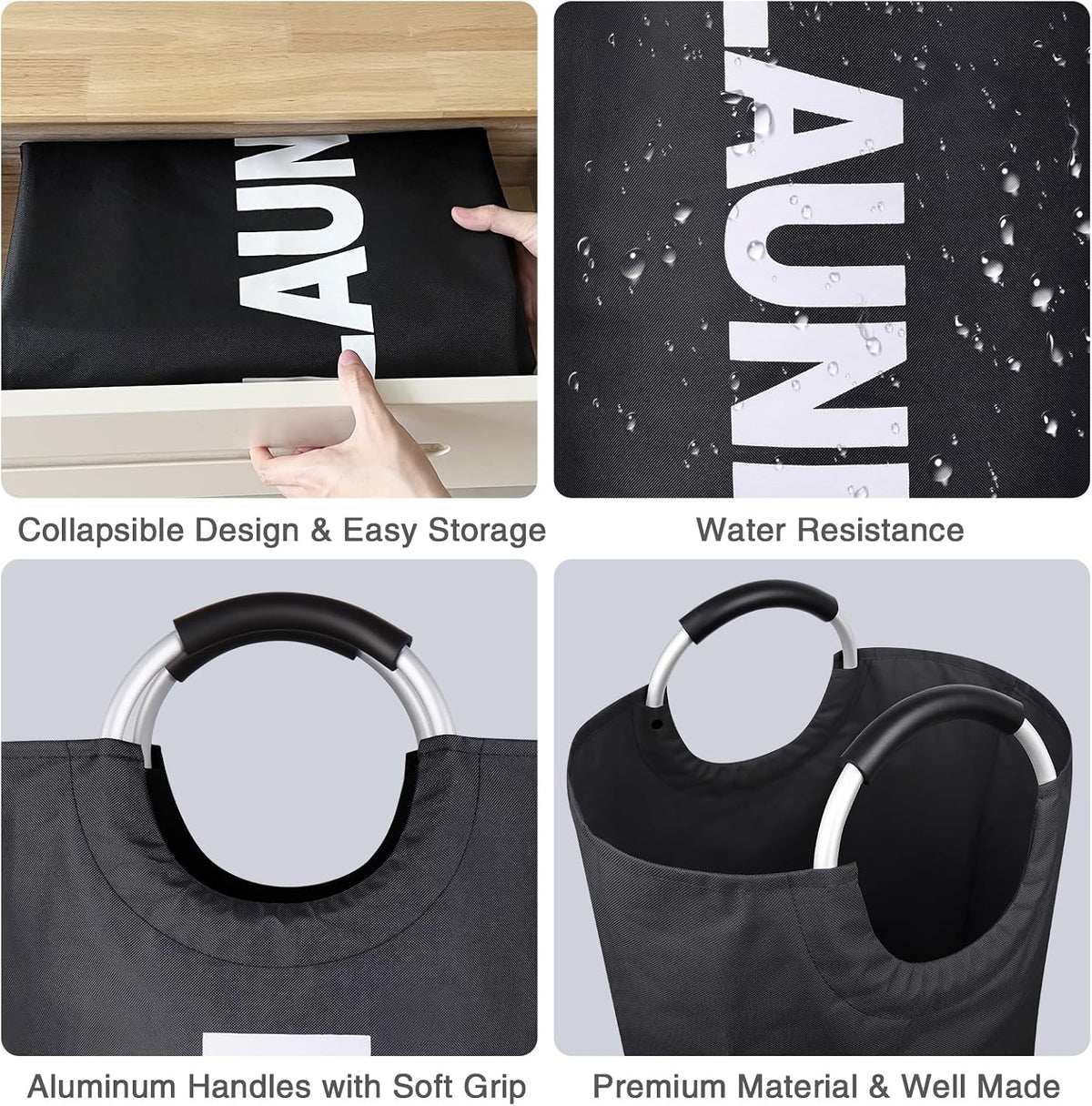 Large Laundry Basket, Laundry Hamper Bag with Handles, 95L, Black