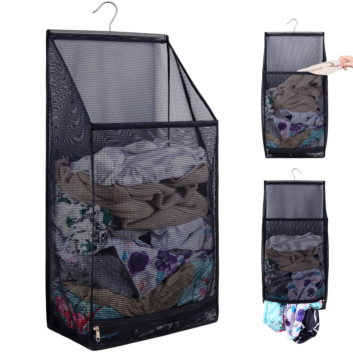 Hanging Collapsible Breathable Mesh laundry bags,Fast Drying Portable Space Saving Laundry Hamper for dorm,Rv Laundry Hamper Storage (Black)