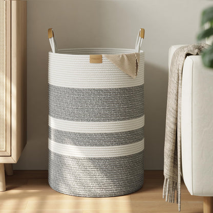 Nunsino 95L Striped Laundry Hamper with Leather Handles,Large Foldable Laundry Basket for Clothes,Cotton Rope Storage Bin for Blankets,Woven Clothes Basket for Bedroom,Dark Brown Stripes
