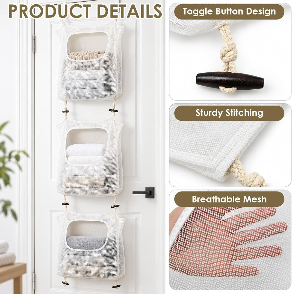 3Pcs Over the Door Hanging Laundry Hamper Mesh Bag 74.8 x 18.5in with Hooks