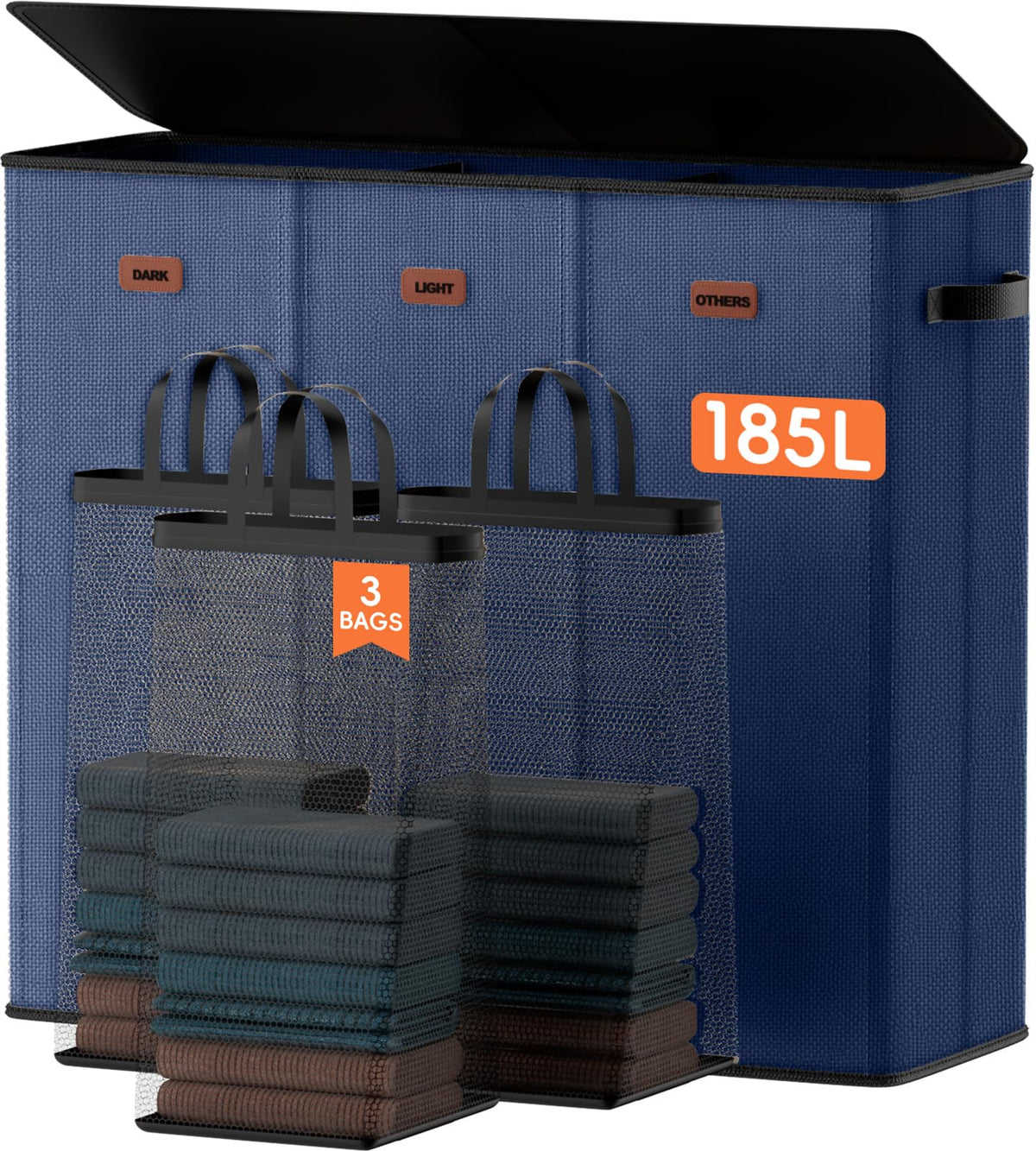 Laundry hamper 3 Section, XL Clothes Hamper with Lid & Inner Bag, Black