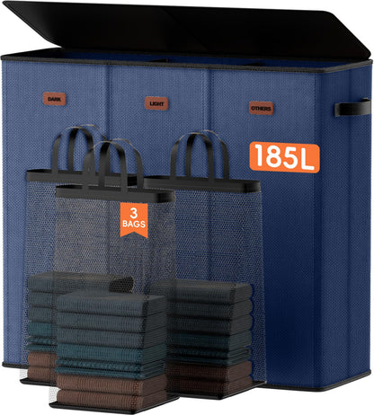 Laundry hamper 3 Section, XL Clothes Hamper with Lid & Inner Bag, Black