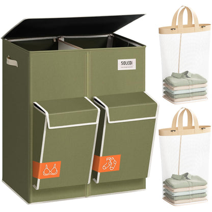 SOLEDI 180L Double Laundry Hamper with Lid and 2 Side Pockets, Dual Hamper