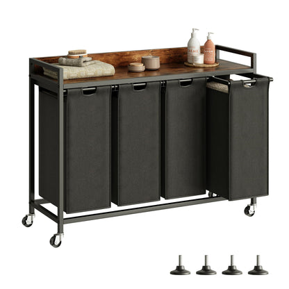 Herture Laundry Hamper with Shelf, Laundry Basket 4 Section, Laundry Sorter with Pull-Out Removable Large 4 Color Bags and Movable Wheels, Metal Frame, 4 x 15.87 Gallons (60L), Rustic Brown PF07XLN