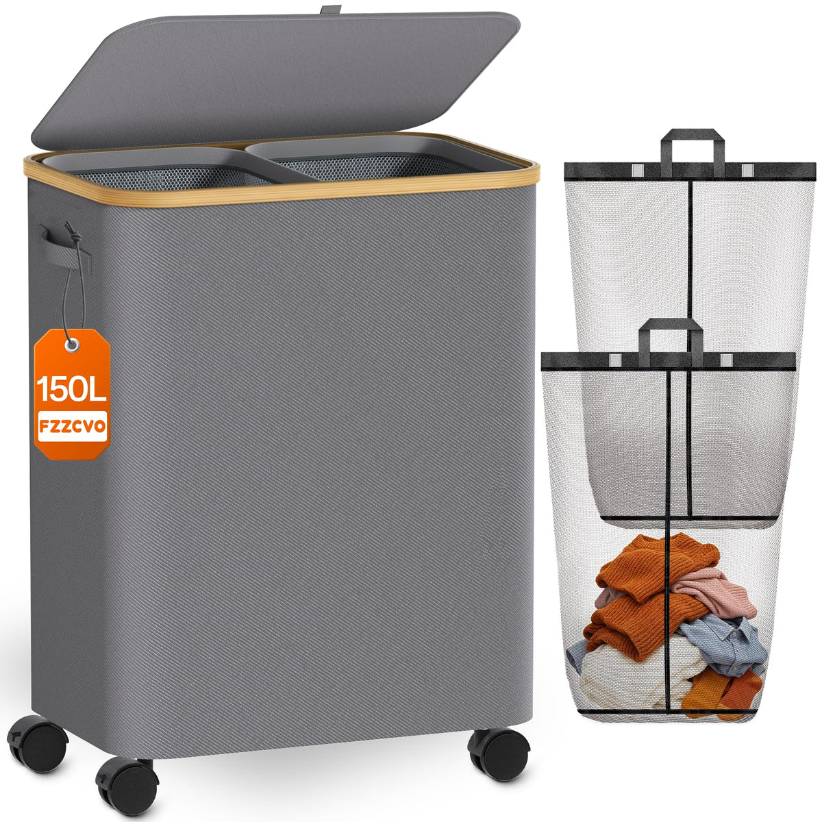 Double Laundry Basket with Wheels and Lid, 150L Clothes Hampers for Laundry