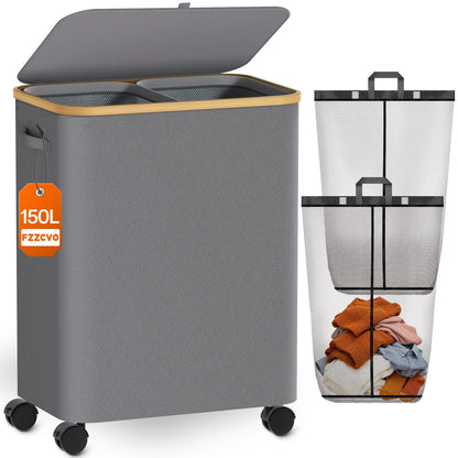 Double Laundry Basket with Wheels and Lid, 150L Clothes Hampers for Laundry
