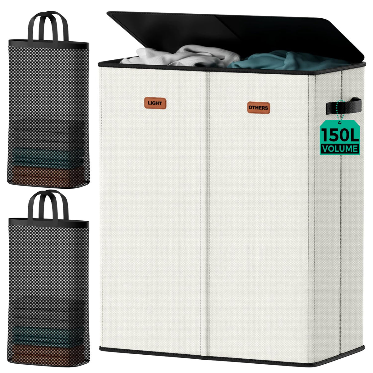 150L Double Laundry Hamper with Lid – 2-Section Clothes Hamper with Removable Bag for Bathroom, Bedroom, Laundry Room & Dorm