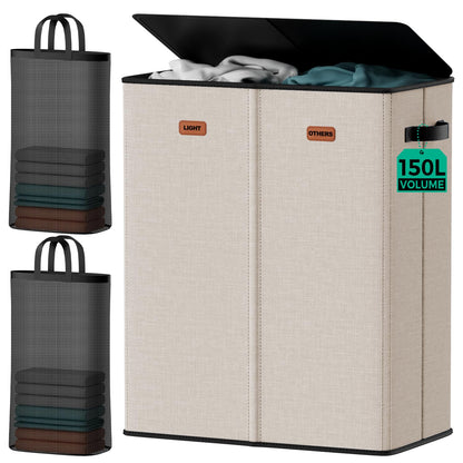 150L Double Laundry Hamper with Lid – 2-Section Clothes Hamper with Removable Bag for Bathroom, Bedroom, Laundry Room & Dorm
