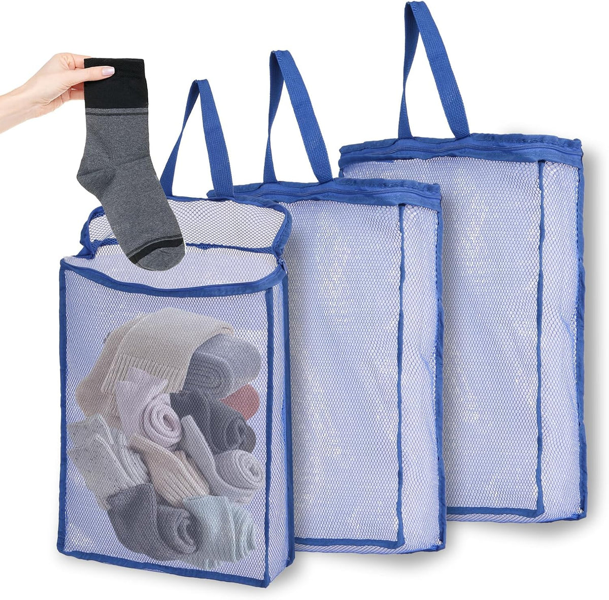 3-Pack 3D Cube Mesh Laundry Bags S/M/L with S-Hooks, Zippered Blue