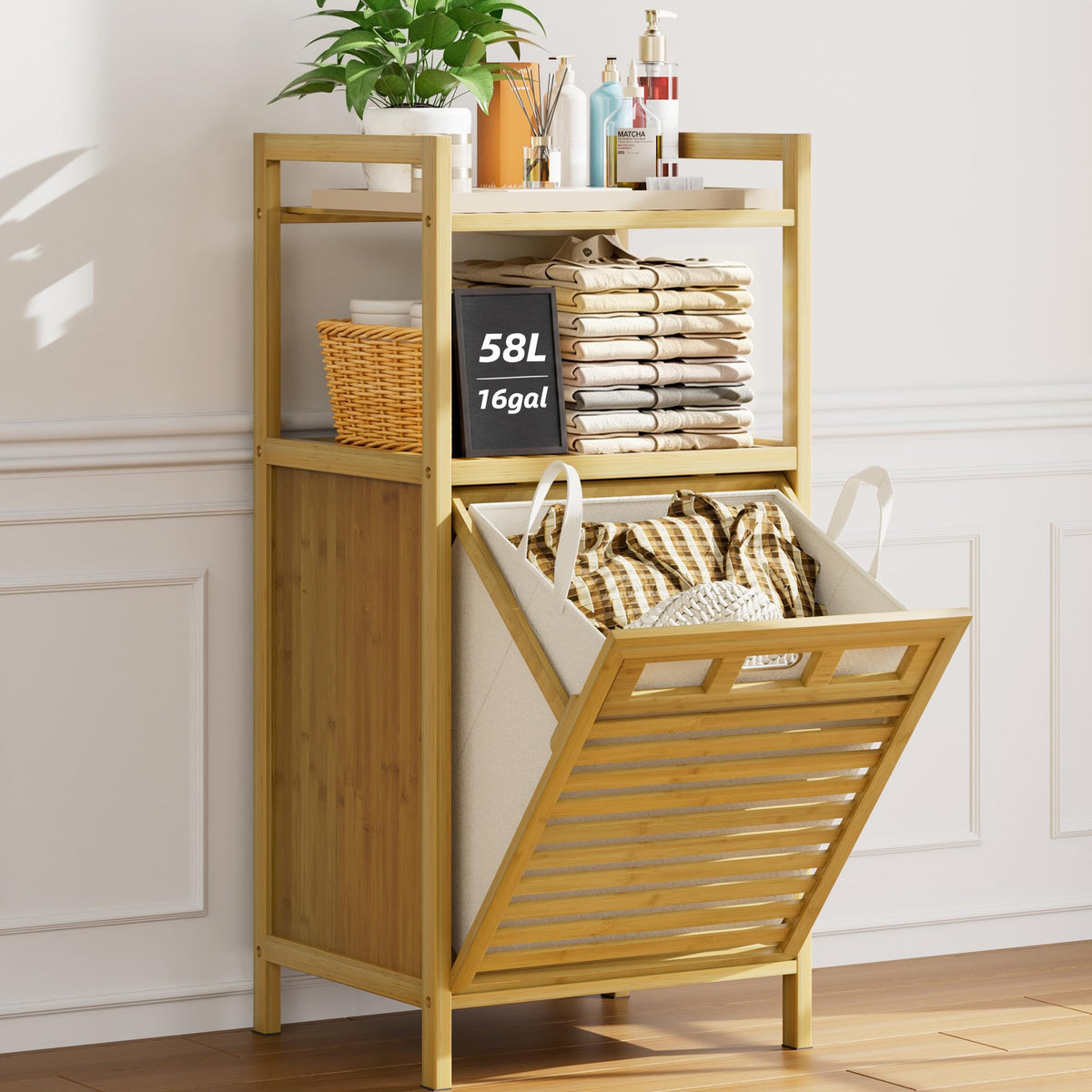 32 Gal Bamboo Tilt Out Laundry Hamper Cabinet with 2 Bag, Black