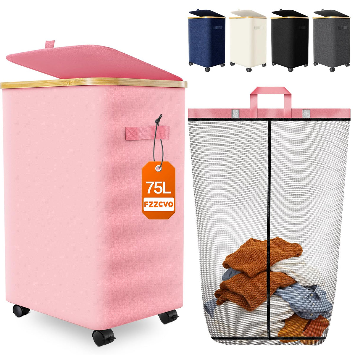 Double Laundry Basket with Wheels and Lid, 150L Clothes Hampers for Laundry