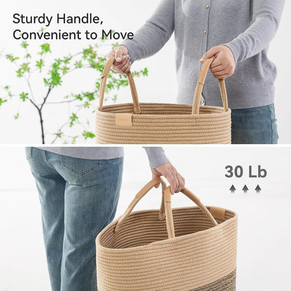 Nunsino 95L Striped Laundry Hamper with Leather Handles,Large Foldable Laundry Basket for Clothes,Cotton Rope Storage Bin for Blankets,Woven Clothes Basket for Bedroom,Dark Brown Stripes