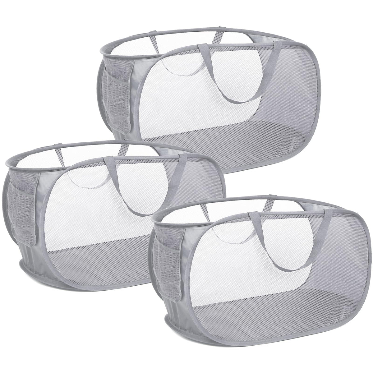 4 Pack Durable Collapsible Laundry Baskets, Mesh Foldable Laundry Basket, Pop Up Laundry Hamper with Pocket, Clothes Hamper with Reinforced Handles for Laundry, Bathroom, Kids Room, Dorm or Travel