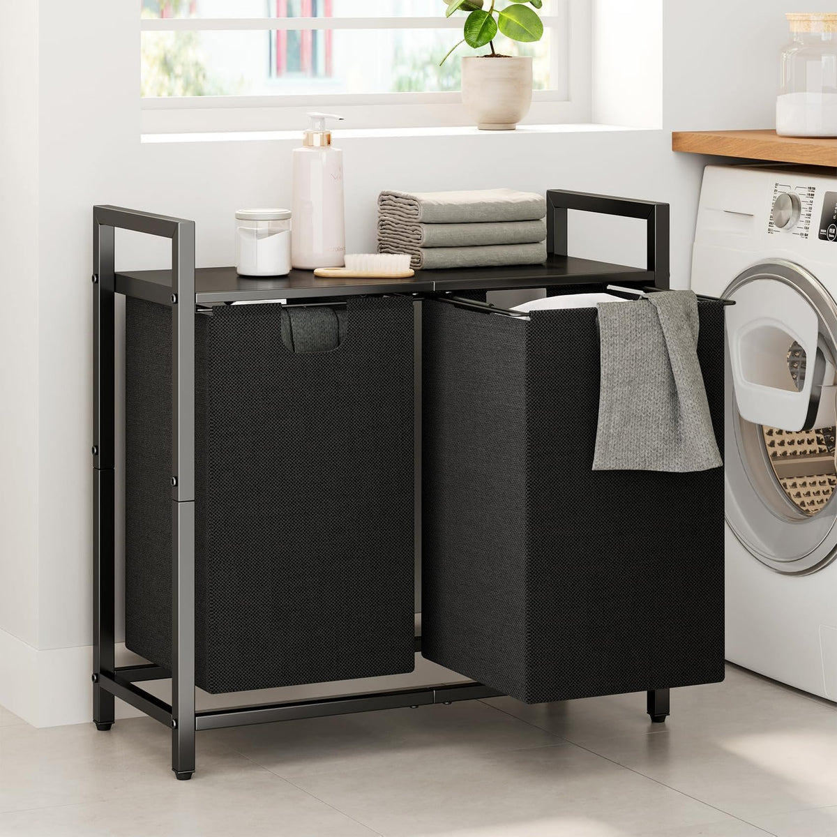 Kitstorack Laundry Basket Organizer, Laundry Hamper with Shelf & 2 Pull-Out Removable Bags, Dirty Clothes Hamper Organizer for Laundry Room Bathroom and Dorm, 2 x 11.8 gallons (44.5L)