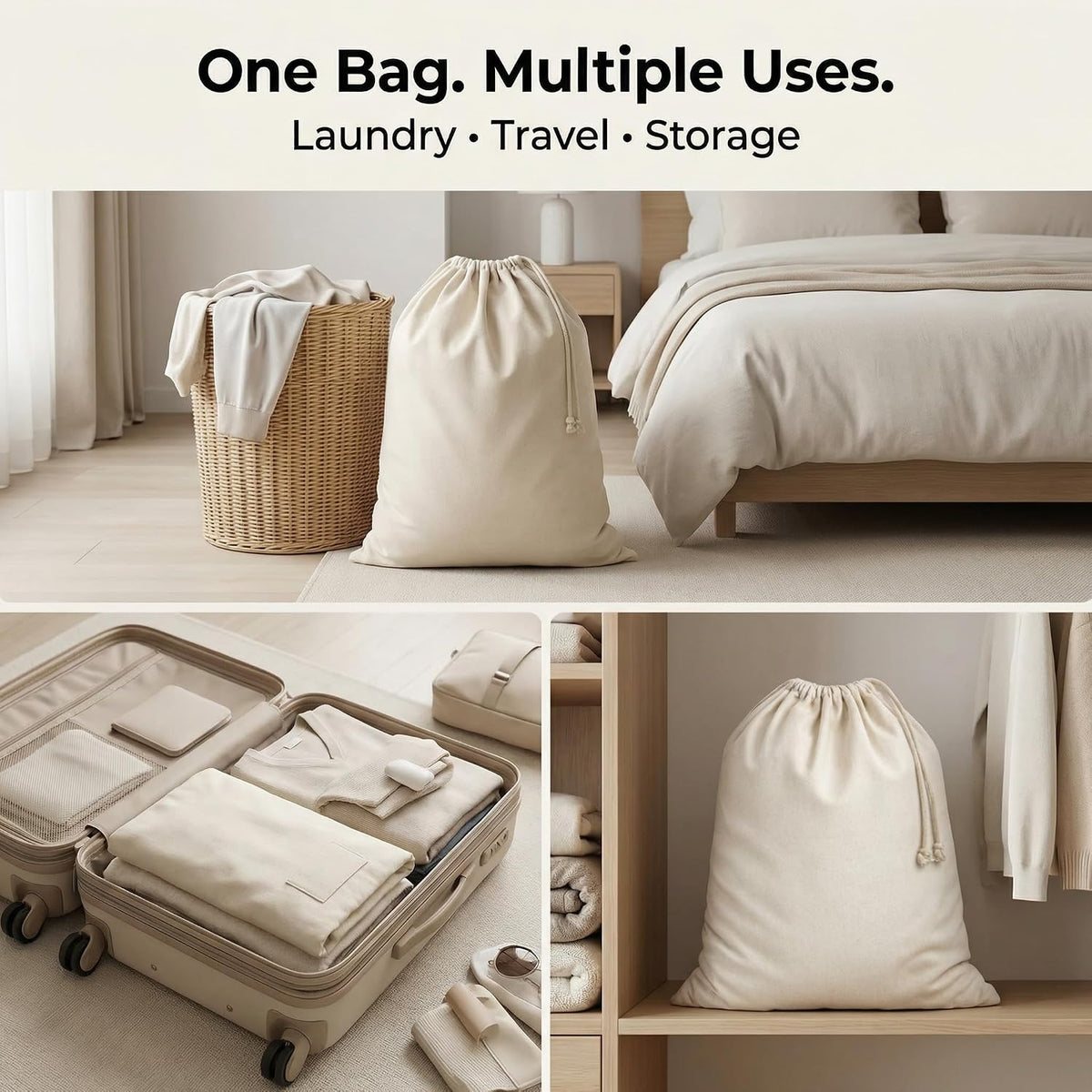 Urban Villa Laundry Bags 2-Pack 28”x36" Extra-Large Cotton Canvas Heavy Duty Washable Durable Travel Laundry Sacks with Drawstring Closure Reusable Hamper Liners for Dirty Clothes Delicates & Lingerie