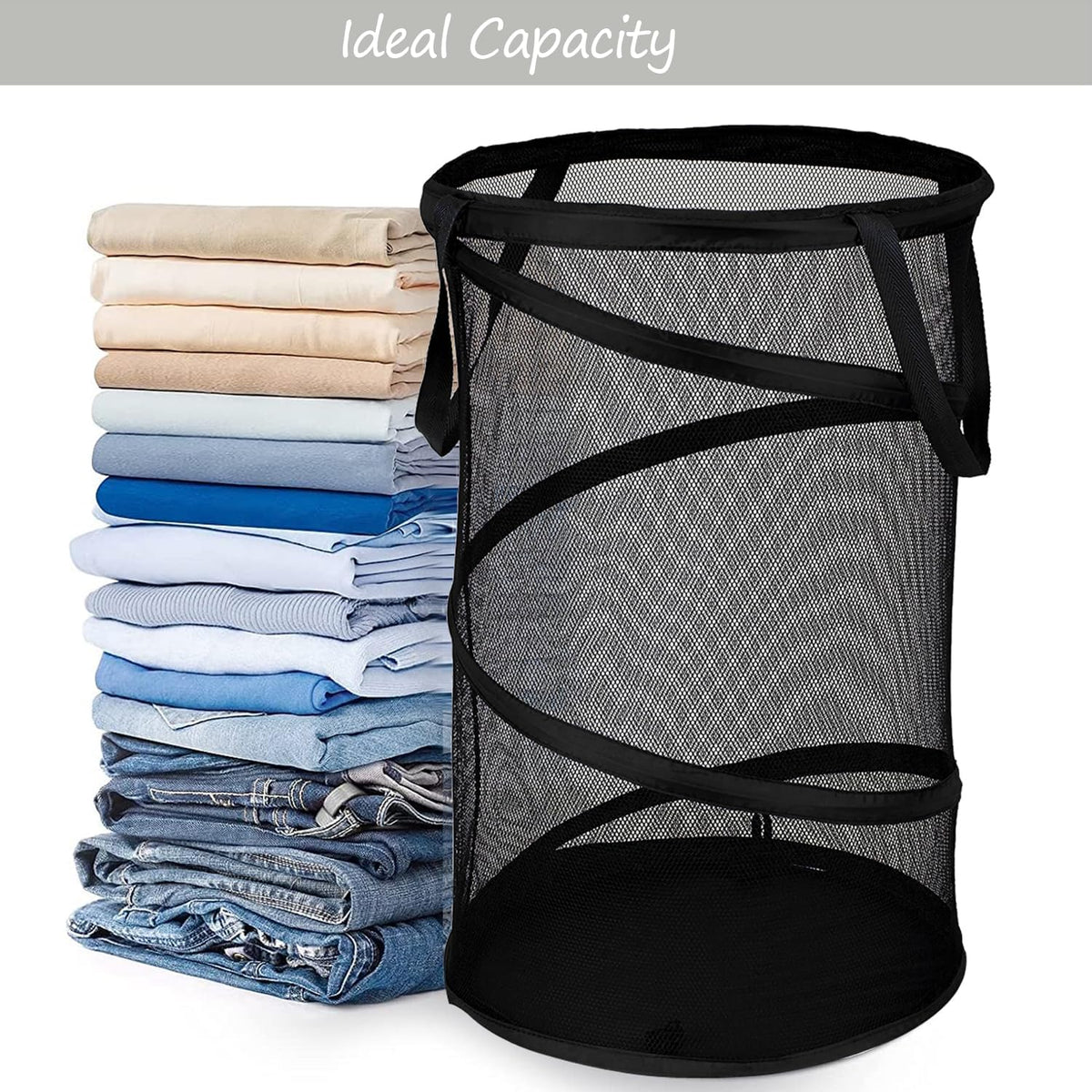 BATTOO Collapsible Laundry Basket Foldable Mesh Pop Up Hamper with Handles for Laundry Room, Bathroom, Kids Room, College Dorm, Travel, Storage Organizer Black