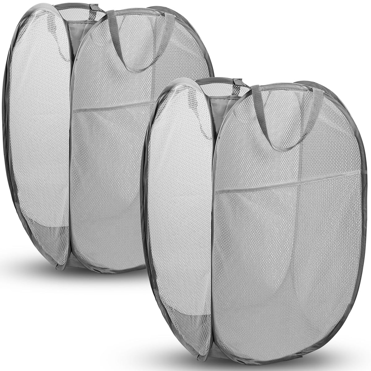 Pop Up Laundry Hamper, 70L Collapsible Mesh Basket with Side Pocket, Black