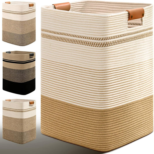 Laundry Hamper, 85L Tall Laundry Basket with Leather Handles, Rectangle Large Clothes Hamper for Organizing, Cotton Woven Laundry Baskets Storage Hampers for Bedroom, Nursery, Living Room