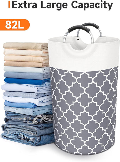 Large Laundry Basket 82L Tall Collapsible Hamper with Handles for Dorm Grey
