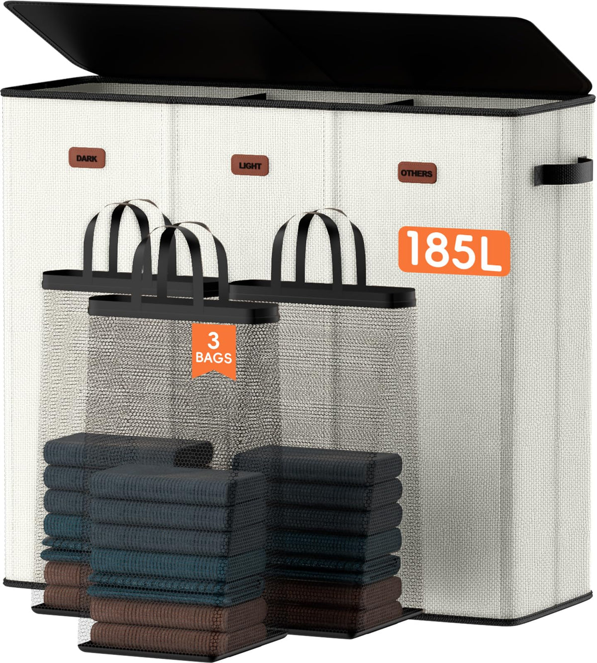 Laundry hamper 3 Section, XL Clothes Hamper with Lid & Inner Bag, Black