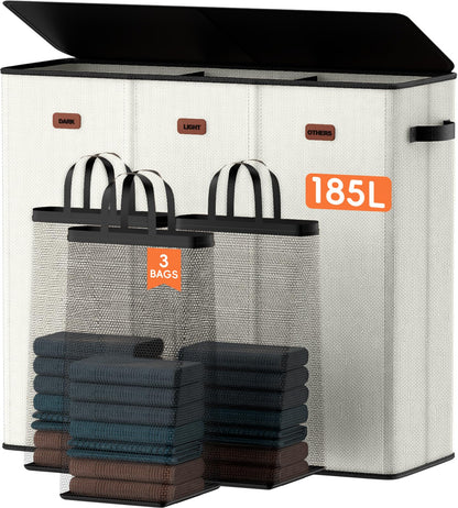 Laundry hamper 3 Section, XL Clothes Hamper with Lid & Inner Bag, Black