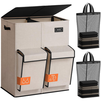 SOLEDI 180L Double Laundry Hamper with Lid and 2 Side Pockets, Dual Hamper