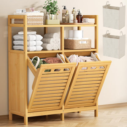 Homykic Bamboo Double Tilt Out Laundry Hamper Cabinet with 2 Bags, Black