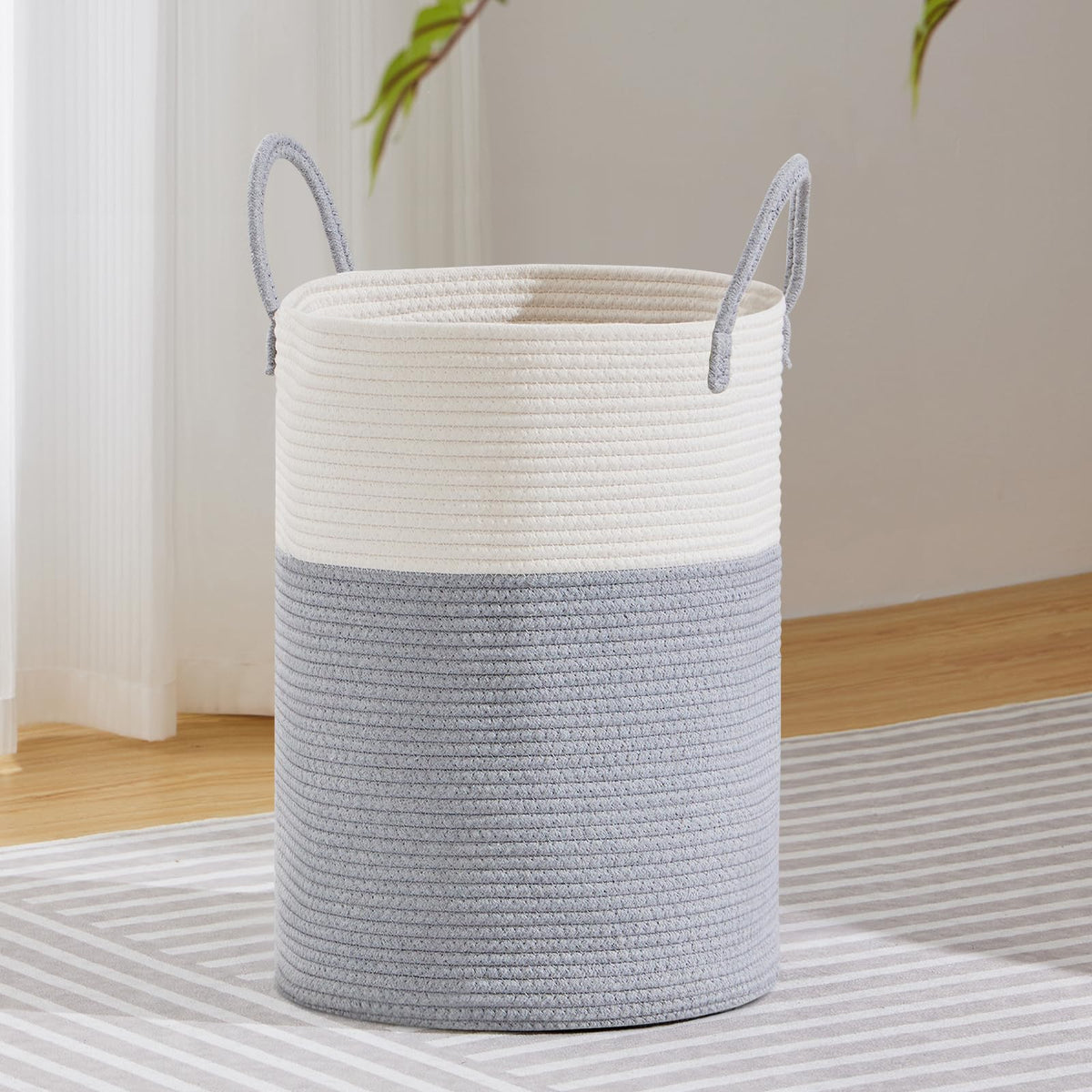 VIPOSCO 58L Tall Woven Laundry Basket Hamper, White Brown