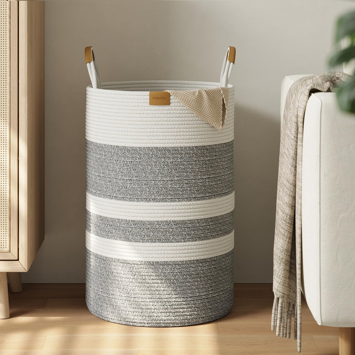 Nunsino 95L Striped Laundry Hamper with Leather Handles,Large Foldable Laundry Basket for Clothes,Cotton Rope Storage Bin for Blankets,Woven Clothes Basket for Bedroom,Dark Brown Stripes
