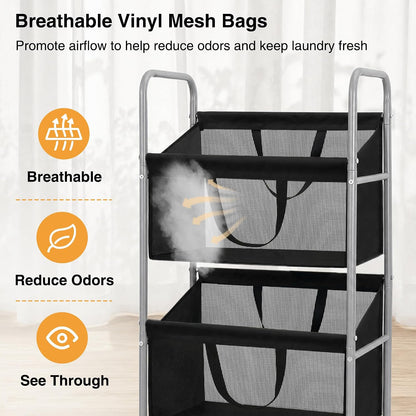 STO STO 3-Tier Vertical Rolling Laundry Hamper, Removable Bags, Black Mesh