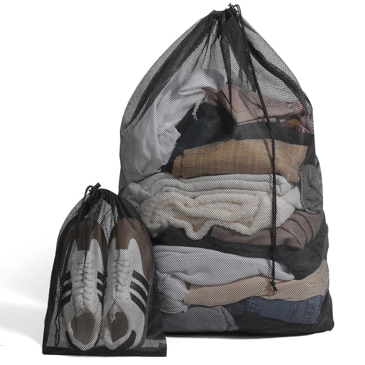 2 Pack Mesh Laundry Bags - Large & Small Heavy Duty Mesh Laundry Bag with Drawstring, Wash Bags for Travel, College, Dorms, Sports, Family, Black