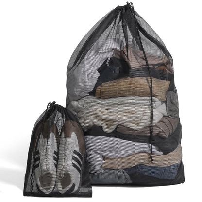 2 Pack Mesh Laundry Bags - Large & Small Heavy Duty Mesh Laundry Bag with Drawstring, Wash Bags for Travel, College, Dorms, Sports, Family, Black