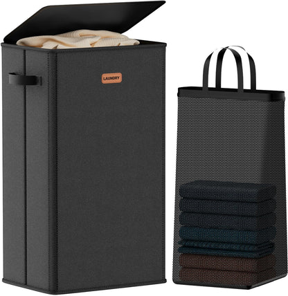 Laundry hamper 3 Section, XL Clothes Hamper with Lid & Inner Bag, Black