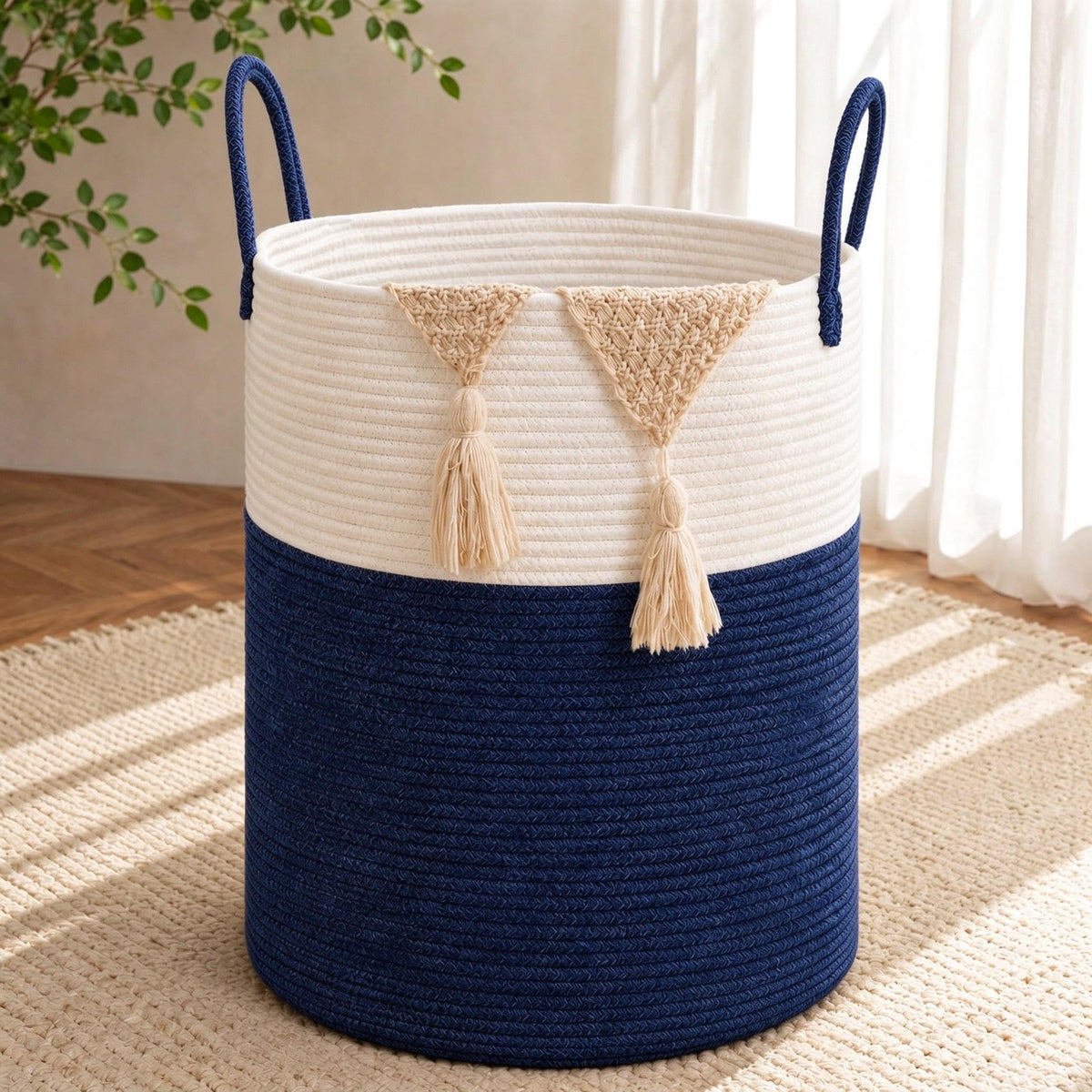 Large Laundry Hamper Basket, 85L Cotton Rope Woven Storage Bin for Blankets, Dirty Clothes Toys, Decorative Tall Basket with Leather Handles for Living Room, Bedroom, Bathroom, Nursery, Jute