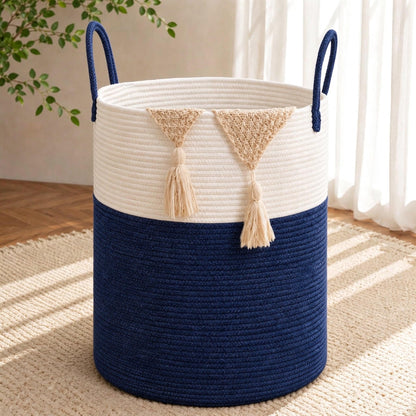 Large Laundry Hamper Basket, 85L Cotton Rope Woven Storage Bin for Blankets, Dirty Clothes Toys, Decorative Tall Basket with Leather Handles for Living Room, Bedroom, Bathroom, Nursery, Jute
