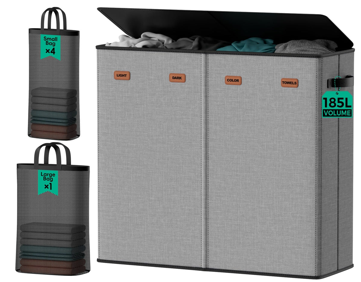 150L Double Laundry Hamper with Lid – 2-Section Clothes Hamper with Removable Bag for Bathroom, Bedroom, Laundry Room & Dorm