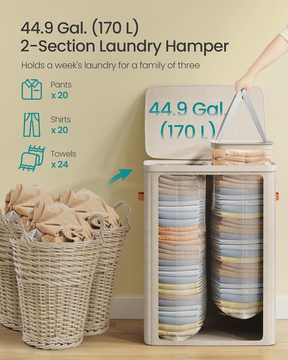 SONGMICS Laundry Basket, 170L Laundry Hamper with Lid, 2 Removable Bags